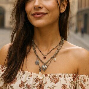 FREE PEOPLE Silver Gemstone Layered Charmed Necklace - EXCLUSIVE!